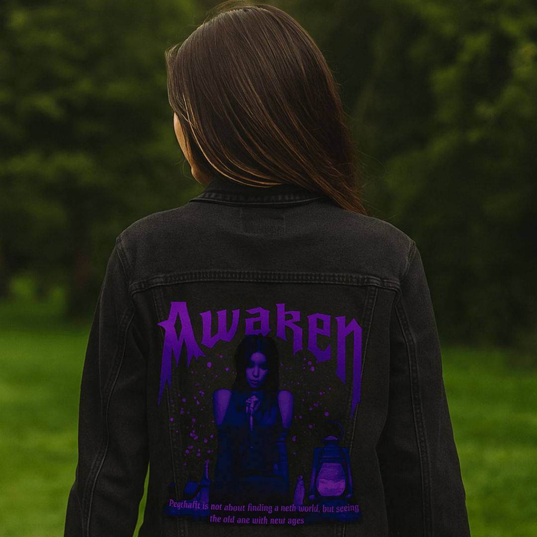 back view of a model standing on a grassy path lined with trees, wearing a black denim jacket featuring the artwork “Awaken” by DeRouche Designs. the illustration shows a gothic figure in violet tones, surrounded by glowing potion bottles and a lantern, beneath jagged purple text that reads “Awaken.” the artwork is digitally printed on the jacket’s back panel by DenimINK.