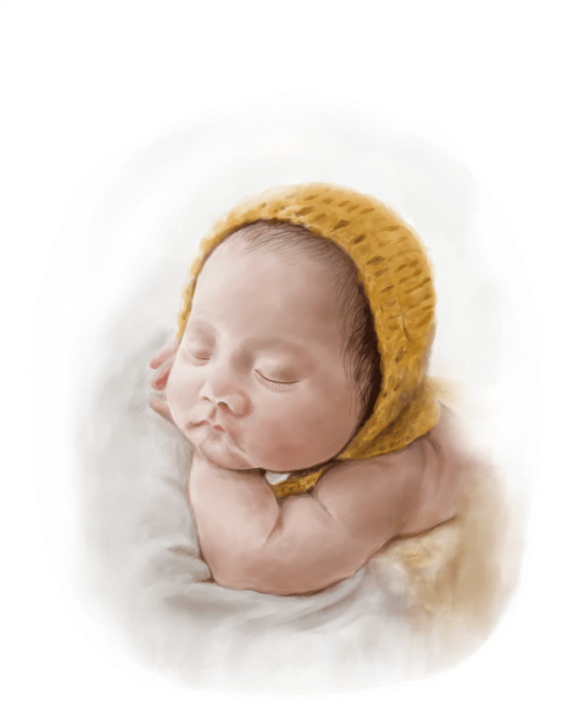 illustration of A sleeping newborn baby curled on its side with eyes closed &amp; lips gently pursed, resting on soft white fabric. The baby’s arms are tucked beneath the chin, cheeks full &amp; softly shaded. A knitted yellow bonnet frames the head, showing ribbed texture and small stitch variations. The painting uses blended, realistic brushstrokes with warm skin tones &amp; subtle shadows against a white oval field bordered by loose black brush marks. Artwork is titled “Baby Yellow Hat” and created by RaMir Designs