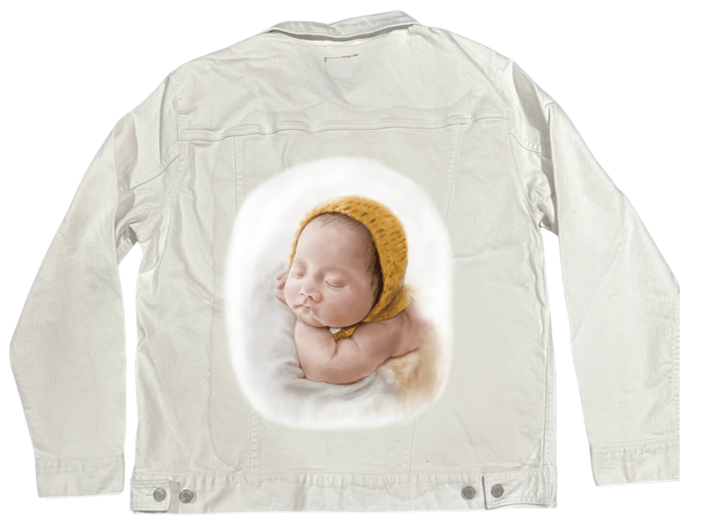 BABY YELLOW HAT by RaMir DESIGNS,printed by DenimINK on hand-crafted Denim Jackets and other denim products and other denim products: tote bags, throw pillows, table place mats, aprons