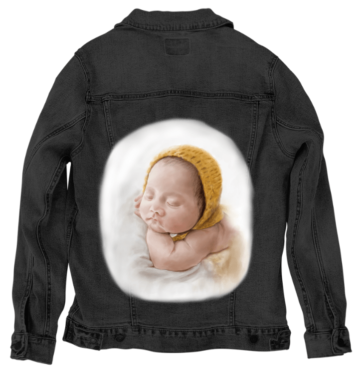 BABY YELLOW HAT by RaMir DESIGNS,printed by DenimINK on hand-crafted Denim Jackets and other denim products and other denim products: tote bags, throw pillows, table place mats, aprons