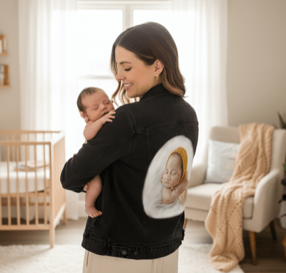 BABY YELLOW HAT by RaMir DESIGNS,printed by DenimINK on hand-crafted Denim Jackets and other denim products and other denim products: tote bags, throw pillows, table place mats, aprons