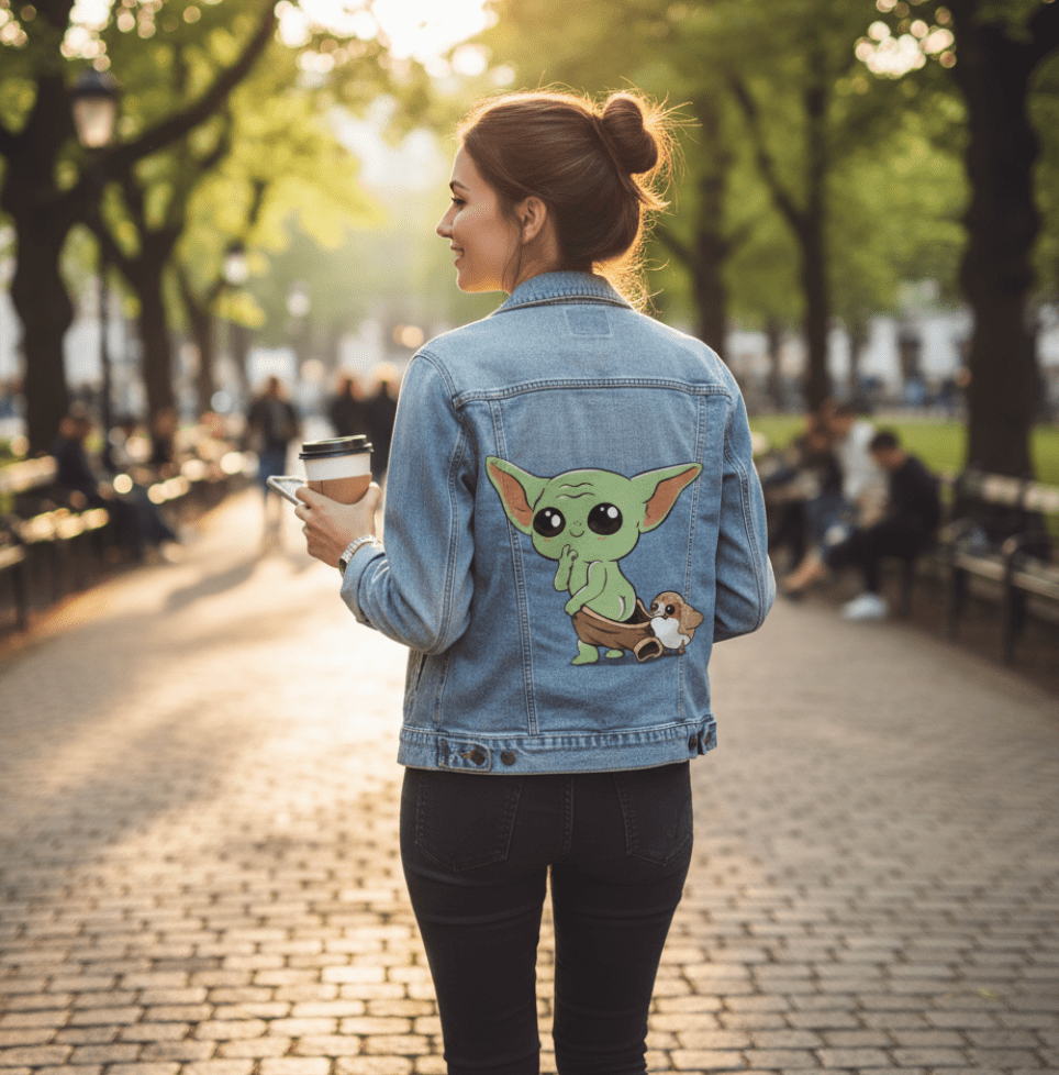 BABY YODA and PORG by PEPE RODRIGUEZ aka PPMID, digitally printed on DENIM products: throw pillows, aprons, table place mats, and hand-crafted Unisex Denim Jackets in 3 color choices