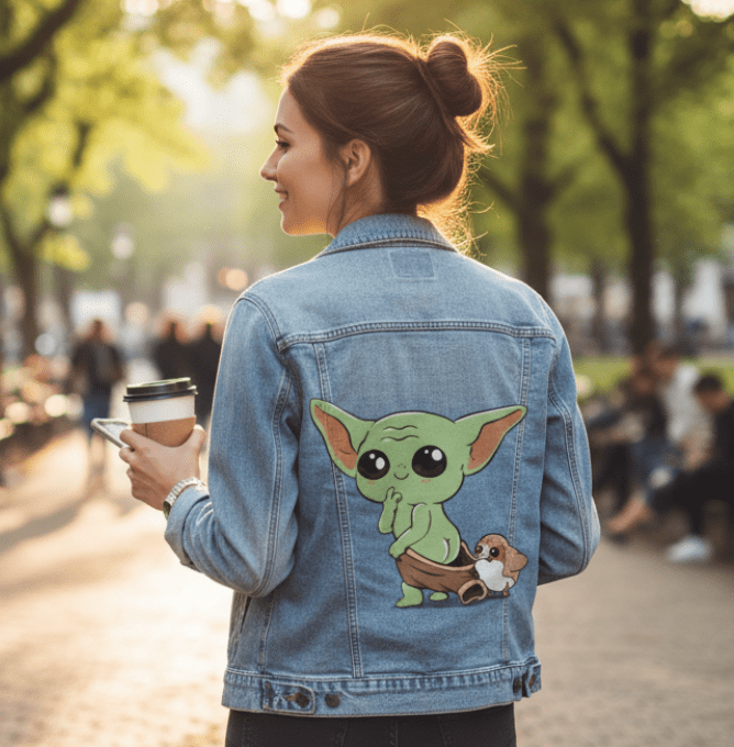 BABY YODA and PORG by PEPE RODRIGUEZ aka PPMID, digitally printed on DENIM products: throw pillows, aprons, table place mats, and hand-crafted Unisex Denim Jackets in 3 color choices