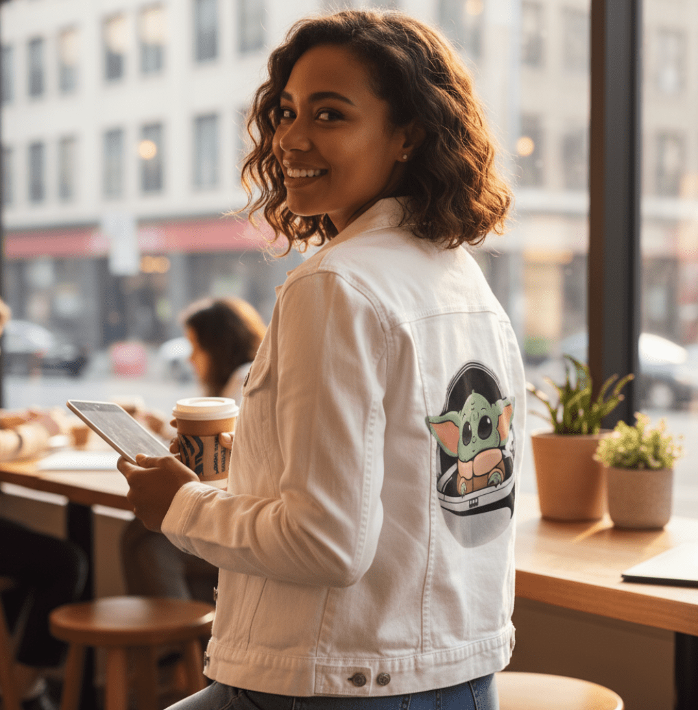 BABY YODA by PEPE RODRIGUEZ aka PPMID, digitally printed on DENIM products: throw pillows, aprons, table place mats, and hand-crafted Unisex Denim Jackets in 3 color choices