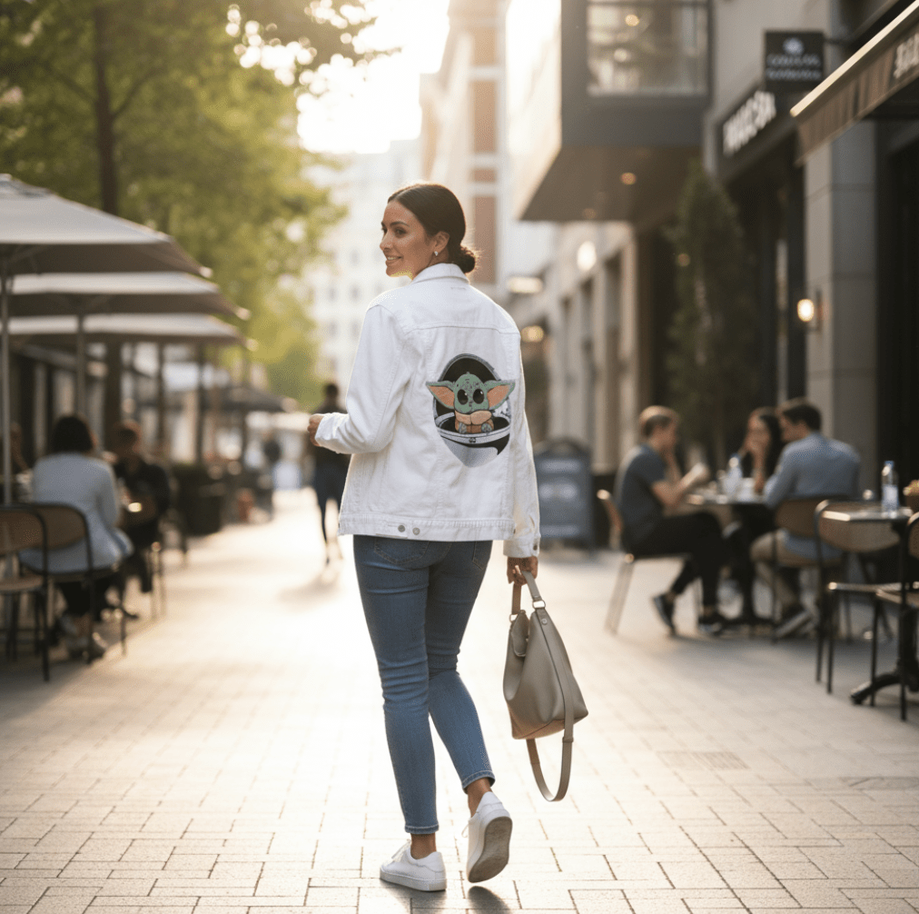 BABY YODA by PEPE RODRIGUEZ aka PPMID, digitally printed on DENIM products: throw pillows, aprons, table place mats, and hand-crafted Unisex Denim Jackets in 3 color choices