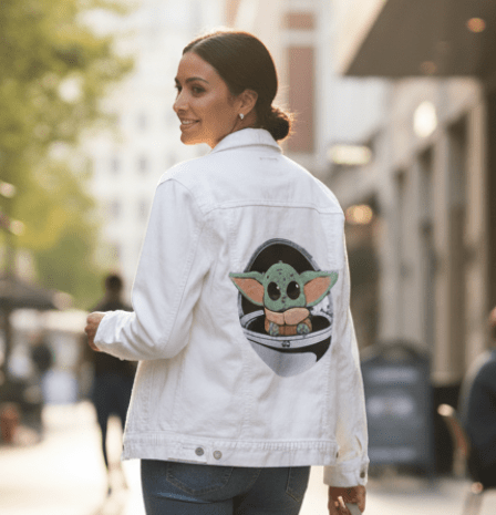 BABY YODA by PEPE RODRIGUEZ aka PPMID, digitally printed on DENIM products: throw pillows, aprons, table place mats, and hand-crafted Unisex Denim Jackets in 3 color choices