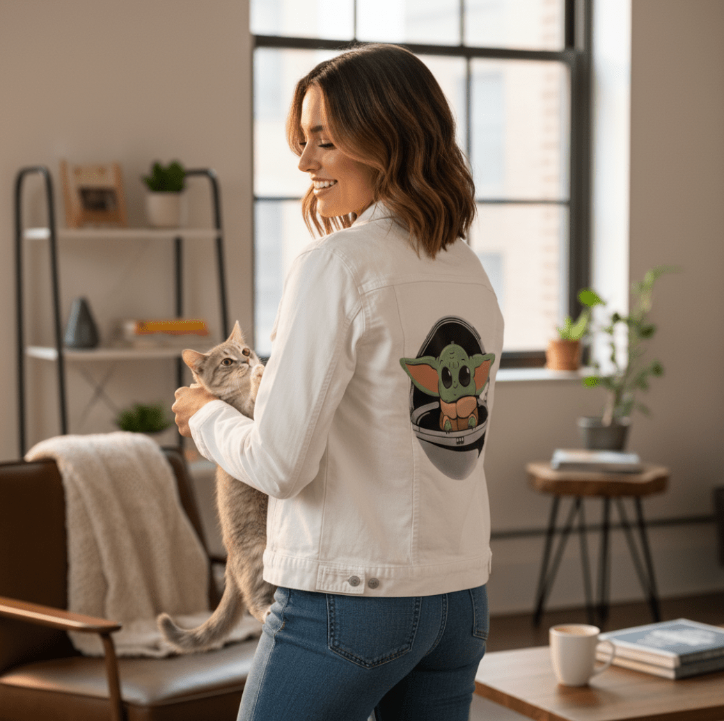 BABY YODA by PEPE RODRIGUEZ aka PPMID, digitally printed on DENIM products: throw pillows, aprons, table place mats, and hand-crafted Unisex Denim Jackets in 3 color choices