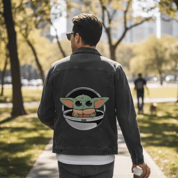 BABY YODA by PEPE RODRIGUEZ aka PPMID, digitally printed on DENIM products: throw pillows, aprons, table place mats, and hand-crafted Unisex Denim Jackets in 3 color choices