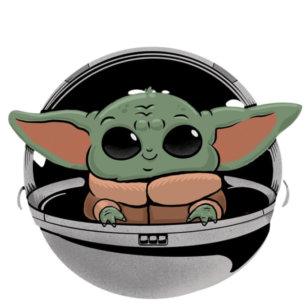 A small green childlike figure with oversized pointed ears and large glossy black eyes resting inside a rounded metallic pod. the pod is open at the top, with a curved lid arching behind the figure’s head and a thick rim forming the front edge. The figure’s hands grip the rim, showing small green fingers, while it wears a tan padded robe with rounded collar sections. Thick black outlines, muted green and beige tones, and subtle grain texture define the illustration against a dark background. 