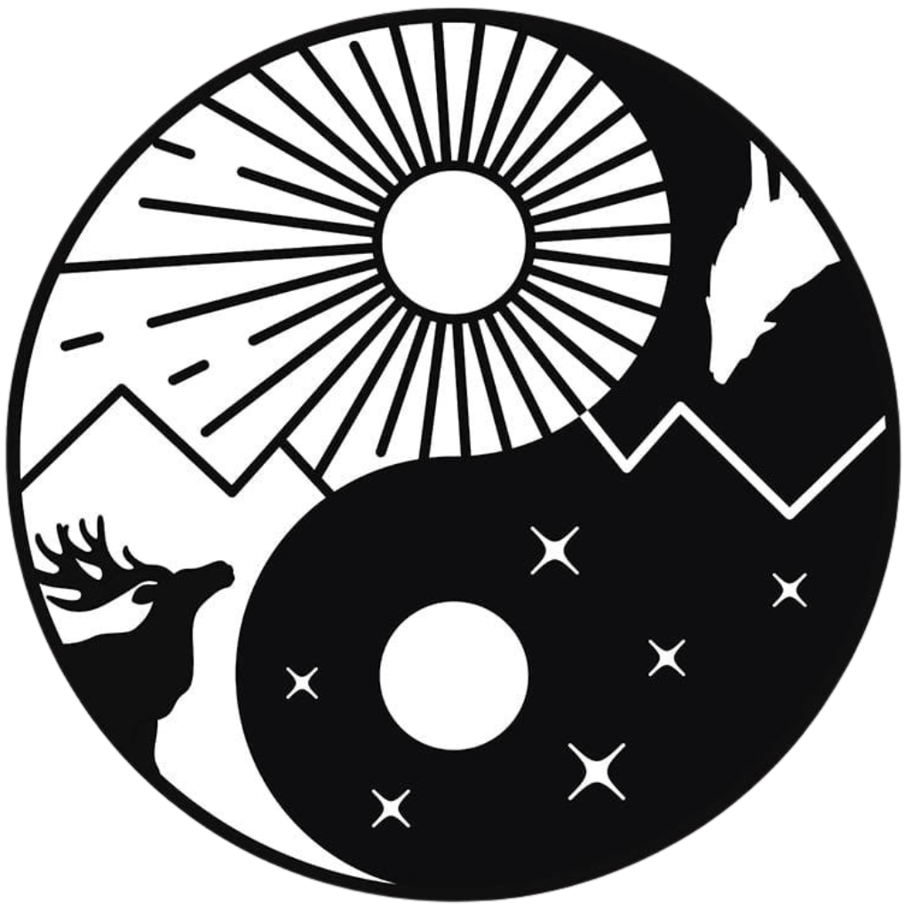 illustration of A circular black-and-white design divided into two flowing halves. The upper left half shows a bright sun with radiating lines above angular mountains and a silhouetted deer head. The lower right half shows a dark night sky with stars, a crescent-like curve, and a silhouetted wolf head near mountain peaks. The two halves interlock in a yin-yang style composition. This artwork is titled “Balance” and created by Grant Shepley