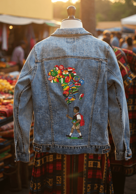 BALLOON BOY, by THE NYGERIANS,printed by DenimINK on hand-crafted Denim Jackets and other denim products and other denim products: tote bags, throw pillows, table place mats, aprons