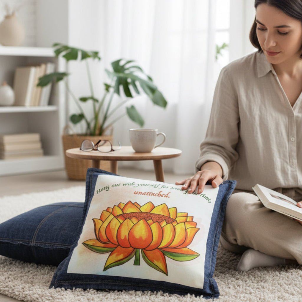 Woman sitting on the floor with a decorative denim pillow featuring a blue lotus flower on a textured light-green background, paired with the quote “Create a safe space between the old you and the new you; welcome yourself with open arms.” the artwork is titled “Always Welcome Yourself” and created by Canvas &amp; Quotations (Monika Chugh and Alka Chopra) and printed by DenimINK