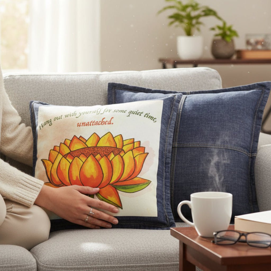 Person holding a decorative denim pillow on a couch in a cozy living room eaturing a warm-toned orange lotus flower on a textured background, paired with the quote “Hang out with yourself for some quiet time, unattached.” rendered in green and red script. this artwork is titled “Be Unattached” and created by Canvas &amp; Quotations (Monika Chugh and Alka Chopra) printed by DenimINK