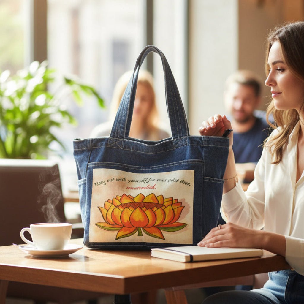 Woman sitting at a table in a cafe with a denim tote bag eaturing a warm-toned orange lotus flower on a textured background, paired with the quote “Hang out with yourself for some quiet time, unattached.” rendered in green and red script. this artwork is titled “Be Unattached” and created by Canvas &amp; Quotations (Monika Chugh and Alka Chopra) printed by DenimINK