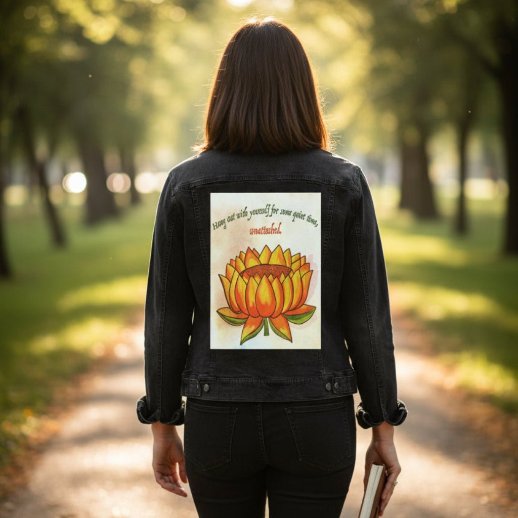 Person wearing a black denim jacket standing in a sunlit park featuring a warm-toned orange lotus flower on a textured background, paired with the quote “Hang out with yourself for some quiet time, unattached.” rendered in green and red script. this artwork is titled “Be Unattached” and created by Canvas &amp; Quotations (Monika Chugh and Alka Chopra) printed by DenimINK