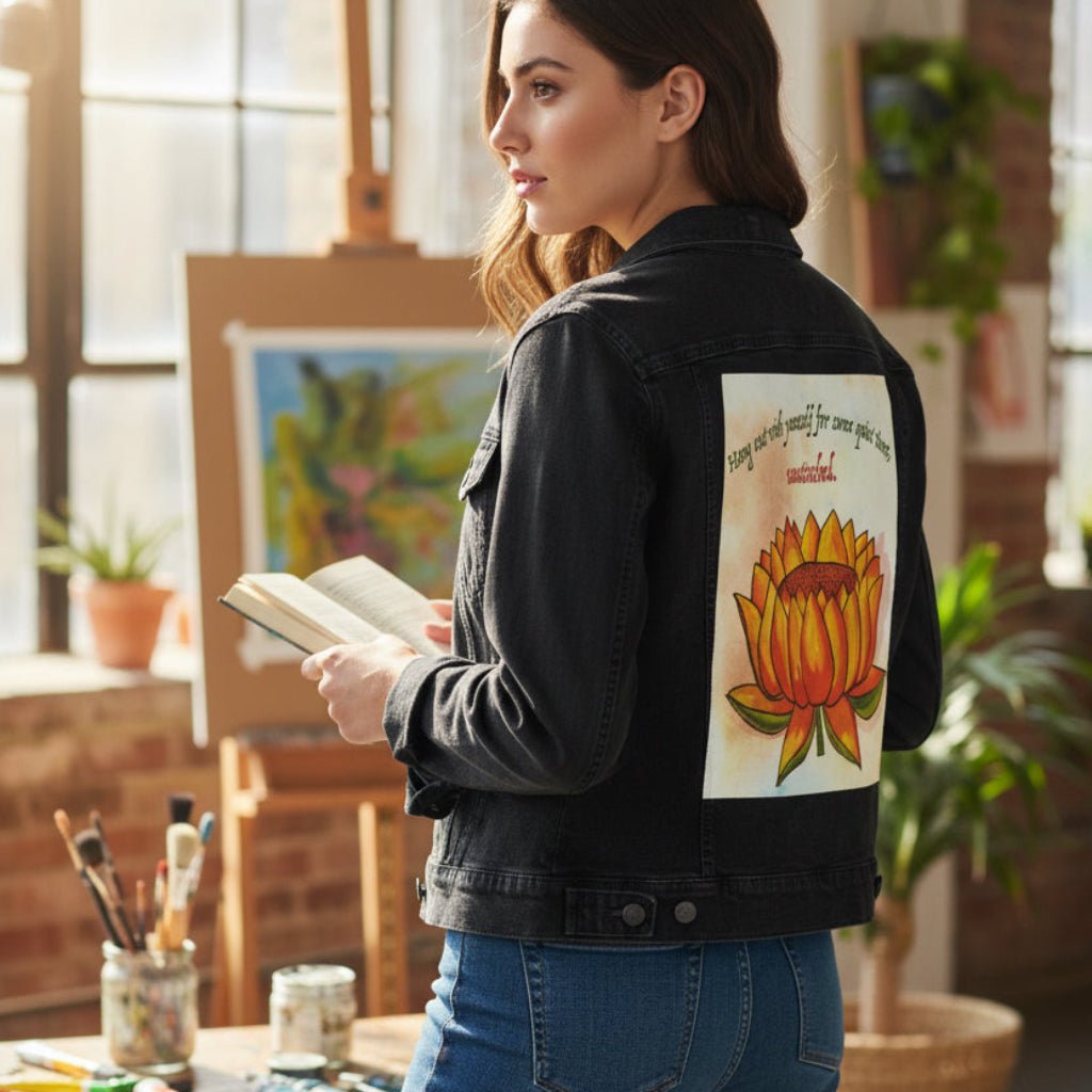 Woman standing in an art studio wearing a black denim jacket  featuring a warm-toned orange lotus flower on a textured background, paired with the quote “Hang out with yourself for some quiet time, unattached.” rendered in green and red script. this artwork is titled “Be Unattached” and created by Canvas &amp; Quotations (Monika Chugh and Alka Chopra) printed by DenimINK