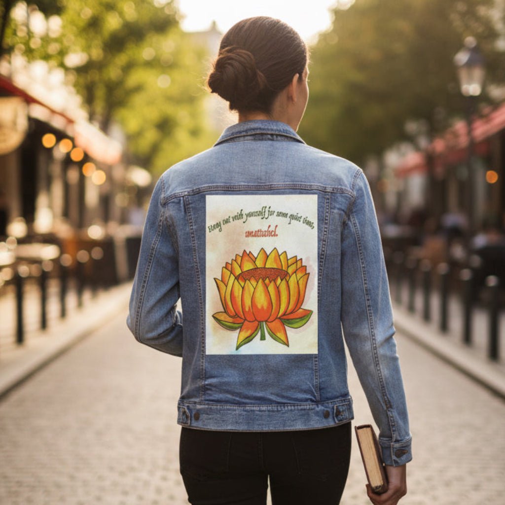 woman on a stone street wearing a stonewashed denim jacket featuring a warm-toned orange lotus flower on a textured background, paired with the quote “Hang out with yourself for some quiet time, unattached.” rendered in green and red script. this artwork is titled “Be Unattached” and created by Canvas &amp; Quotations (Monika Chugh and Alka Chopra) printed by DenimINK