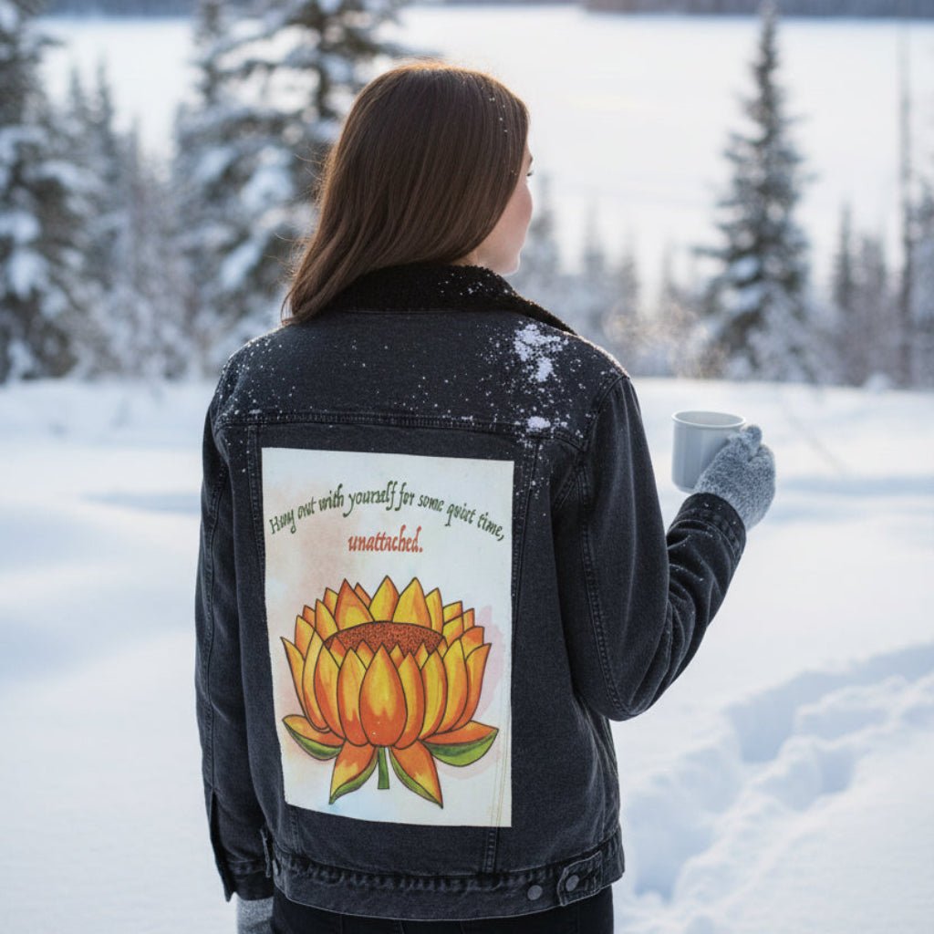 Person wearing a sherpa-lined black denim jacket in a snowy landscape featuring a warm-toned orange lotus flower on a textured background, paired with the quote “Hang out with yourself for some quiet time, unattached.” rendered in green and red script. this artwork is titled “Be Unattached” and created by Canvas &amp; Quotations (Monika Chugh and Alka Chopra) printed by DenimINK