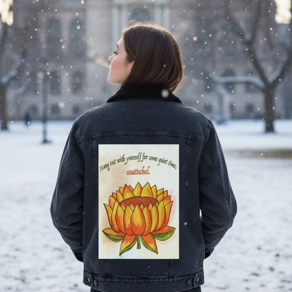 person wearing sherpa-lined black denim jacket in a winter scene featuring a warm-toned orange lotus flower on a textured background, paired with the quote “Hang out with yourself for some quiet time, unattached.” rendered in green and red script. this artwork is titled “Be Unattached” and created by Canvas &amp; Quotations (Monika Chugh and Alka Chopra) printed by DenimINK