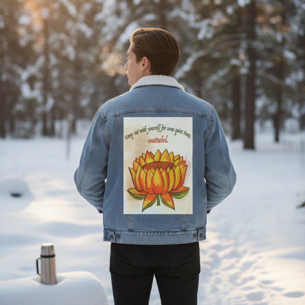Person wearing a sherpa-lined stonewashed denim jacket in a snowy forest  featuring a warm-toned orange lotus flower on a textured background, paired with the quote “Hang out with yourself for some quiet time, unattached.” rendered in green and red script. this artwork is titled “Be Unattached” and created by Canvas &amp; Quotations (Monika Chugh and Alka Chopra) printed by DenimINK