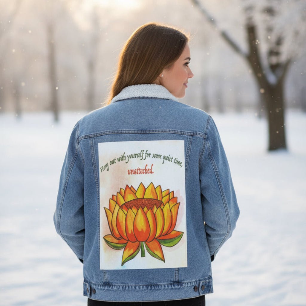 Person wearing a sherpa-lined stonewash denim jacket in a snowy landscape featuring a warm-toned orange lotus flower on a textured background, paired with the quote “Hang out with yourself for some quiet time, unattached.” rendered in green and red script. this artwork is titled “Be Unattached” and created by Canvas &amp; Quotations (Monika Chugh and Alka Chopra) printed by DenimINK