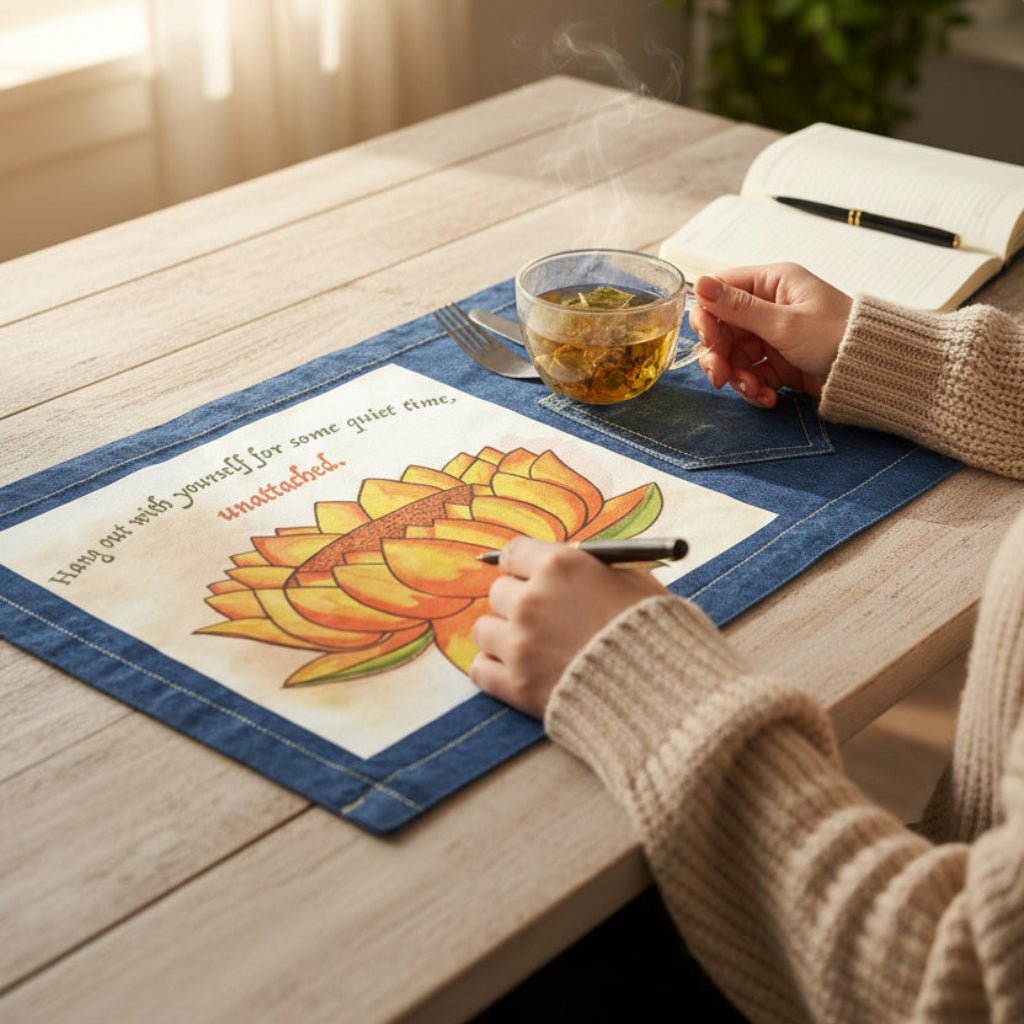 Person sitting in front of a placemat with a cup of tea and pen on a wooden table. placemat featuring a blue lotus flower on a textured light-green background, paired with the quote “Create a safe space between the old you and the new you; welcome yourself with open arms.” the artwork is titled “Always Welcome Yourself” and created by Canvas &amp; Quotations (Monika Chugh and Alka Chopra) and printed by DenimINK