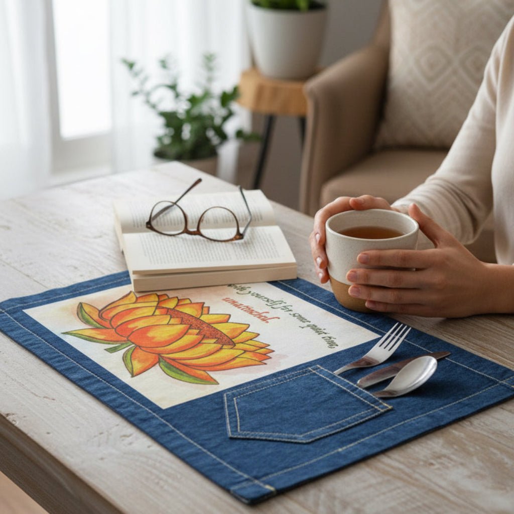 Person holding a mug with a book and glasses on a table with a decorative denim placemat featuring a blue lotus flower on a textured light-green background, paired with the quote “Create a safe space between the old you and the new you; welcome yourself with open arms.” the artwork is titled “Always Welcome Yourself” and created by Canvas &amp; Quotations (Monika Chugh and Alka Chopra) and printed by DenimINK