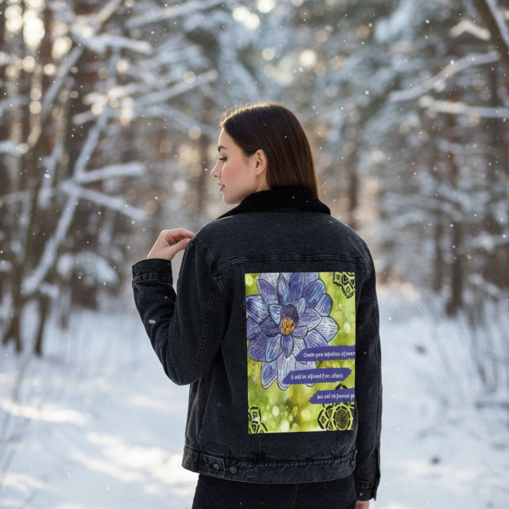 woman in outdoor winter scene wearing a sherpa-lined black denim jacket featuring a blue and purple lotus flower on a textured green background, paired with the quote “Create your definition of normal; it will be different from others but will be forever yours.” decorative black mandala-style motifs appear in the corners. this artwork is titled “Be Your Normal Self” and created by Canvas &amp; Quotations (Monika Chugh and Alka Chopra), printed by DenimINK