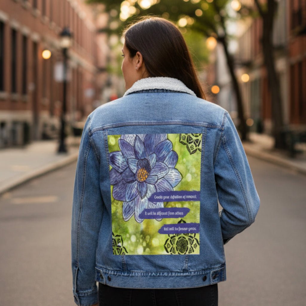 Person wearing a stonewash denim jacket on a city street featuring a blue and purple lotus flower on a textured green background, paired with the quote “Create your definition of normal; it will be different from others but will be forever yours.” decorative black mandala-style motifs appear in the corners. this artwork is titled “Be Your Normal Self” and created by Canvas &amp; Quotations (Monika Chugh and Alka Chopra), printed by DenimINK