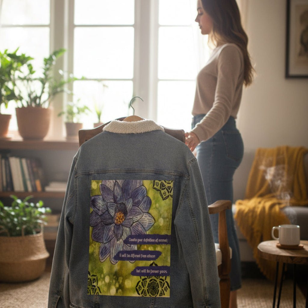 Woman standing in a room with a Sherpa-lined stonewashed denim jacket on a chair featuring a blue and purple lotus flower on a textured green background, paired with the quote “Create your definition of normal; it will be different from others but will be forever yours.” decorative black mandala-style motifs appear in the corners. this artwork is titled “Be Your Normal Self” and created by Canvas &amp; Quotations (Monika Chugh and Alka Chopra), printed by DenimINK