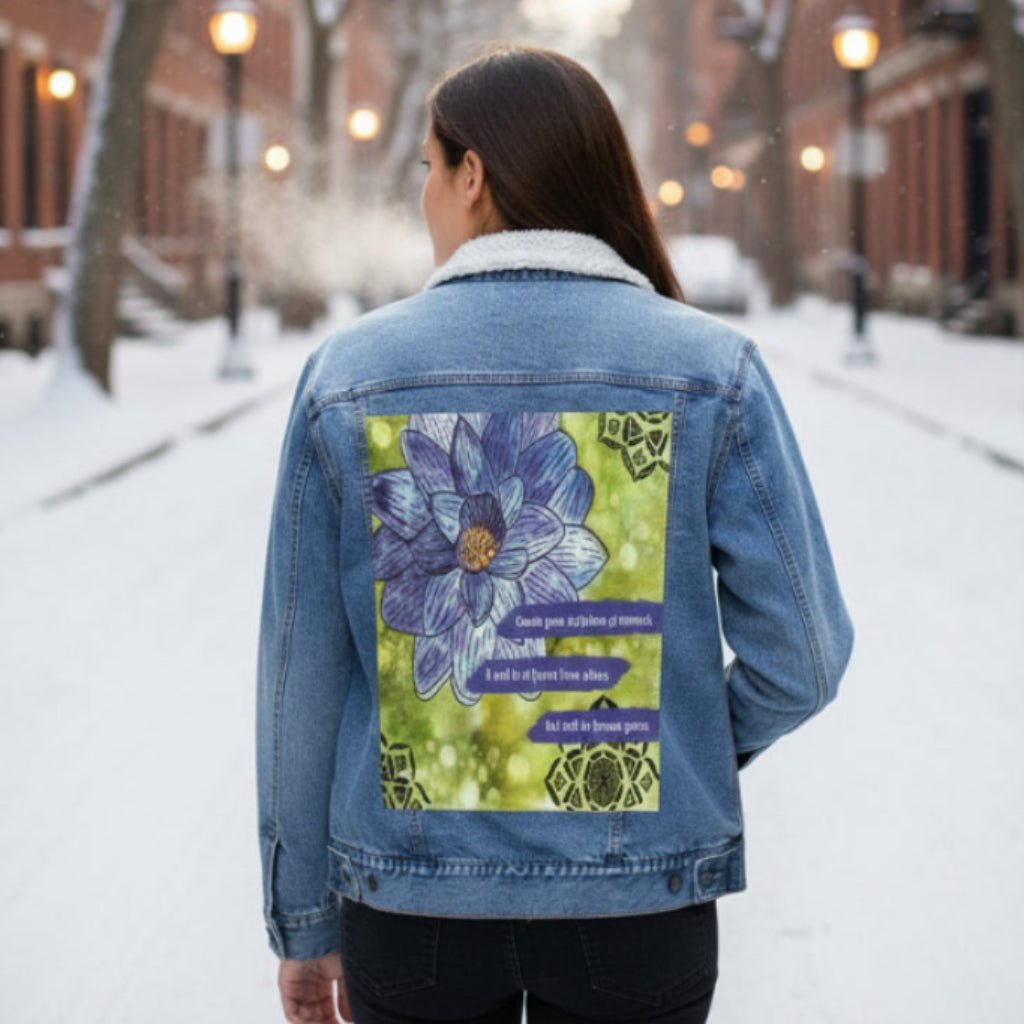 Person wearing a sherpa-lined stonewashed denim jacket in a snowy street featuring a blue and purple lotus flower on a textured green background, paired with the quote “Create your definition of normal; it will be different from others but will be forever yours.” decorative black mandala-style motifs appear in the corners. this artwork is titled “Be Your Normal Self” and created by Canvas &amp; Quotations (Monika Chugh and Alka Chopra), printed by DenimINK