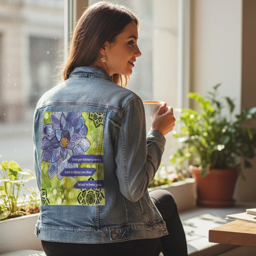 Woman sitting by a window with plants, wearing a stonewashed denim jacket featuring a blue and purple lotus flower on a textured green background, paired with the quote “Create your definition of normal; it will be different from others but will be forever yours.” decorative black mandala-style motifs appear in the corners. this artwork is titled “Be Your Normal Self” and created by Canvas &amp; Quotations (Monika Chugh and Alka Chopra), printed by DenimINK