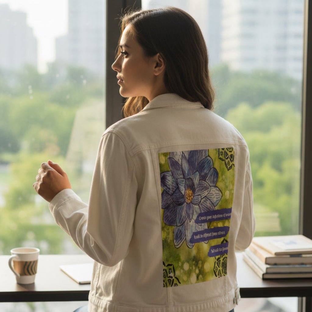 person looking out a window wearing a white denim jacket featuring a blue and purple lotus flower on a textured green background, paired with the quote “Create your definition of normal; it will be different from others but will be forever yours.” decorative black mandala-style motifs appear in the corners. this artwork is titled “Be Your Normal Self” and created by Canvas &amp; Quotations (Monika Chugh and Alka Chopra), printed by DenimINK