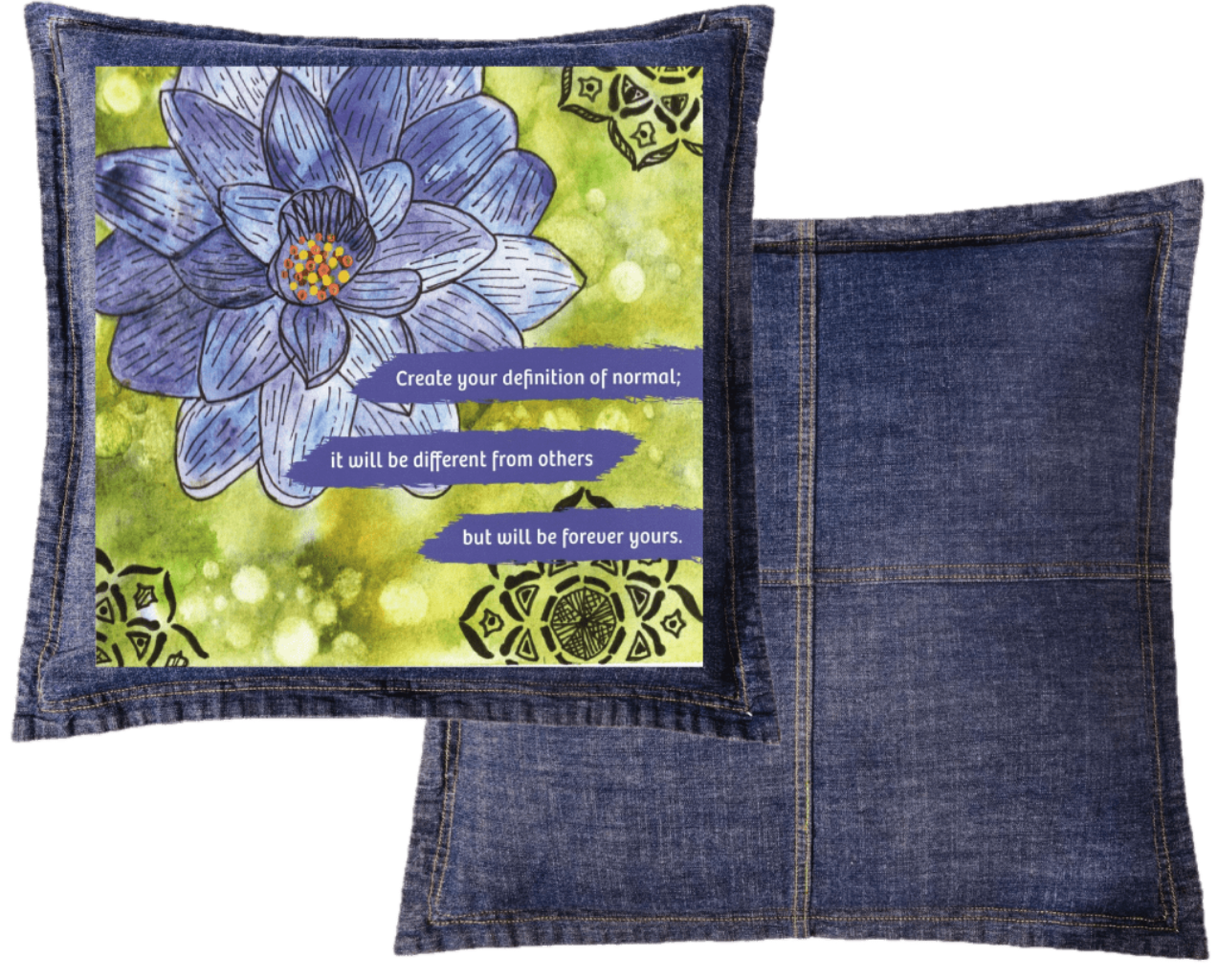 Blue denim throw pillow featuring a blue and purple lotus flower on a textured green background, paired with the quote “Create your definition of normal; it will be different from others but will be forever yours.” decorative black mandala-style motifs appear in the corners. this artwork is titled “Be Your Normal Self” and created by Canvas &amp; Quotations (Monika Chugh and Alka Chopra), printed by DenimINK