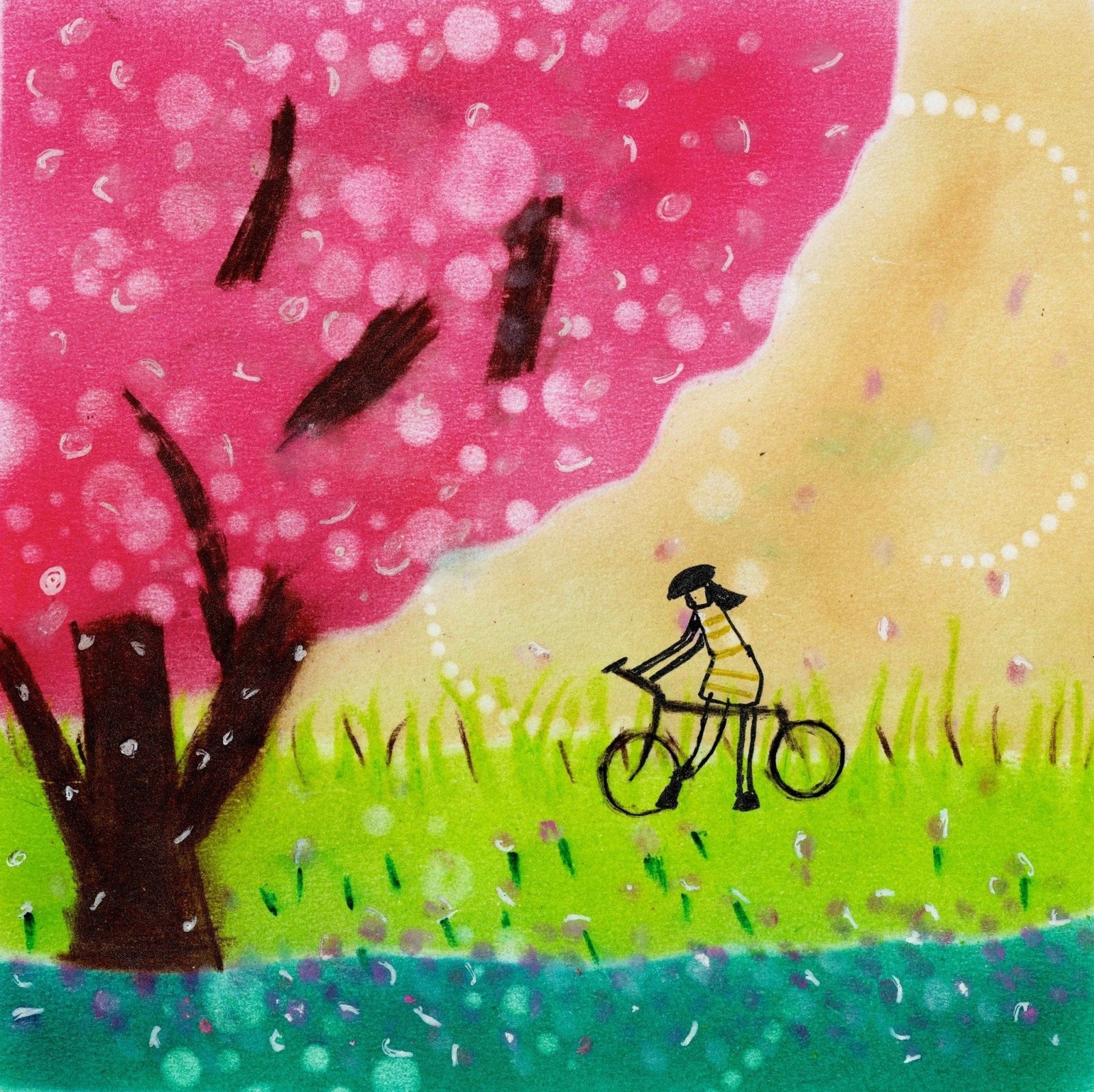 illustration of a small figure riding a bicycle along a grassy path beneath a vibrant pink blossoming tree, with falling petals and a soft watercolor-style landscape in green, beige, and blue tones. this artwork is titled “Bike Ride” and created by Canvas & Quotations (Monika Chugh and Alka Chopra)