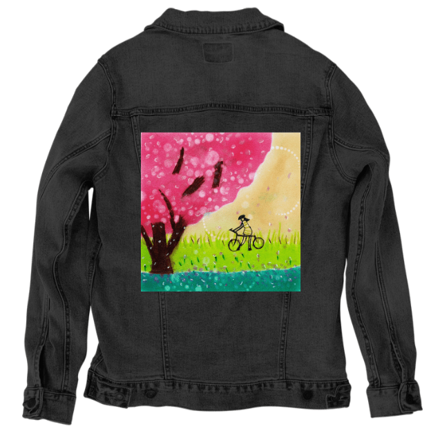 BIKE RIDE by CANVAS and QUOTATIONS,printed by DenimINK on hand - crafted Denim Jackets and other denim products and other denim products: tote bags, throw pillows, table place mats, aprons custom denim jacket by DenimINK