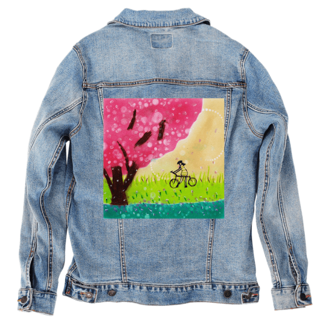 BIKE RIDE by CANVAS and QUOTATIONS,printed by DenimINK on hand - crafted Denim Jackets and other denim products and other denim products: tote bags, throw pillows, table place mats, aprons custom denim jacket by DenimINK