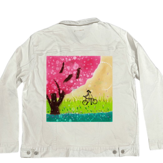 BIKE RIDE by CANVAS and QUOTATIONS,printed by DenimINK on hand - crafted Denim Jackets and other denim products and other denim products: tote bags, throw pillows, table place mats, aprons custom denim jacket by DenimINK