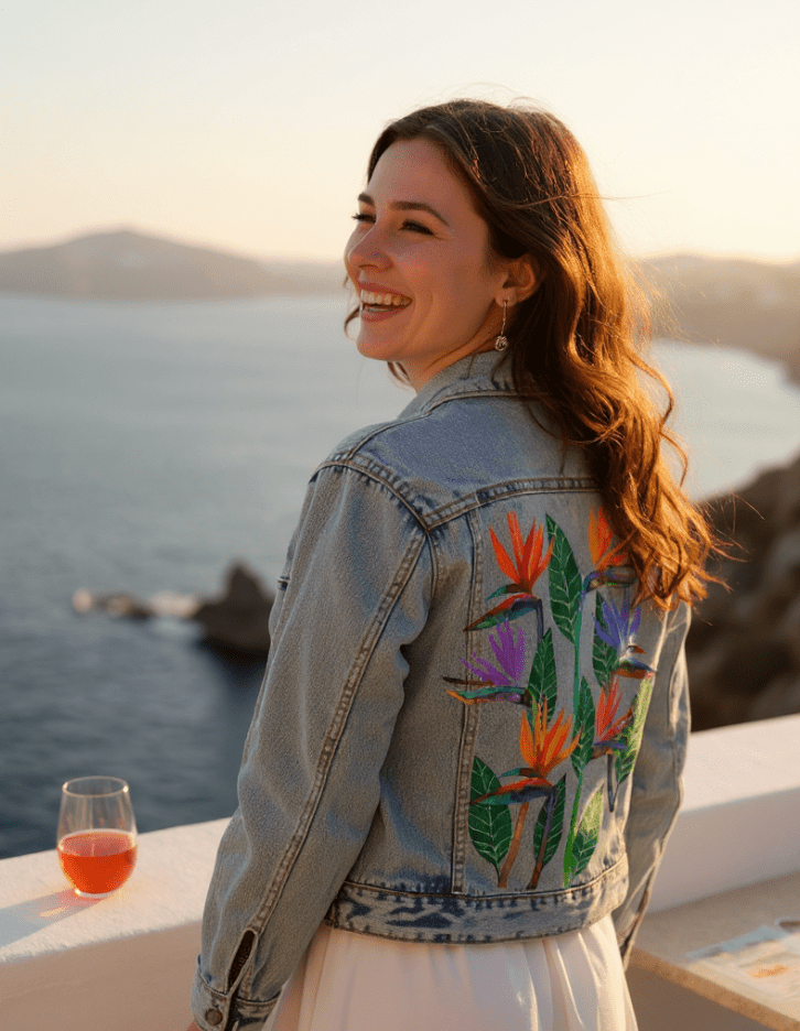 BIRD OF PARADISE1 by HEND SHEHATA, printed on denim jackets and other denim products: tote bags, throw pillows, table place mats, aprons