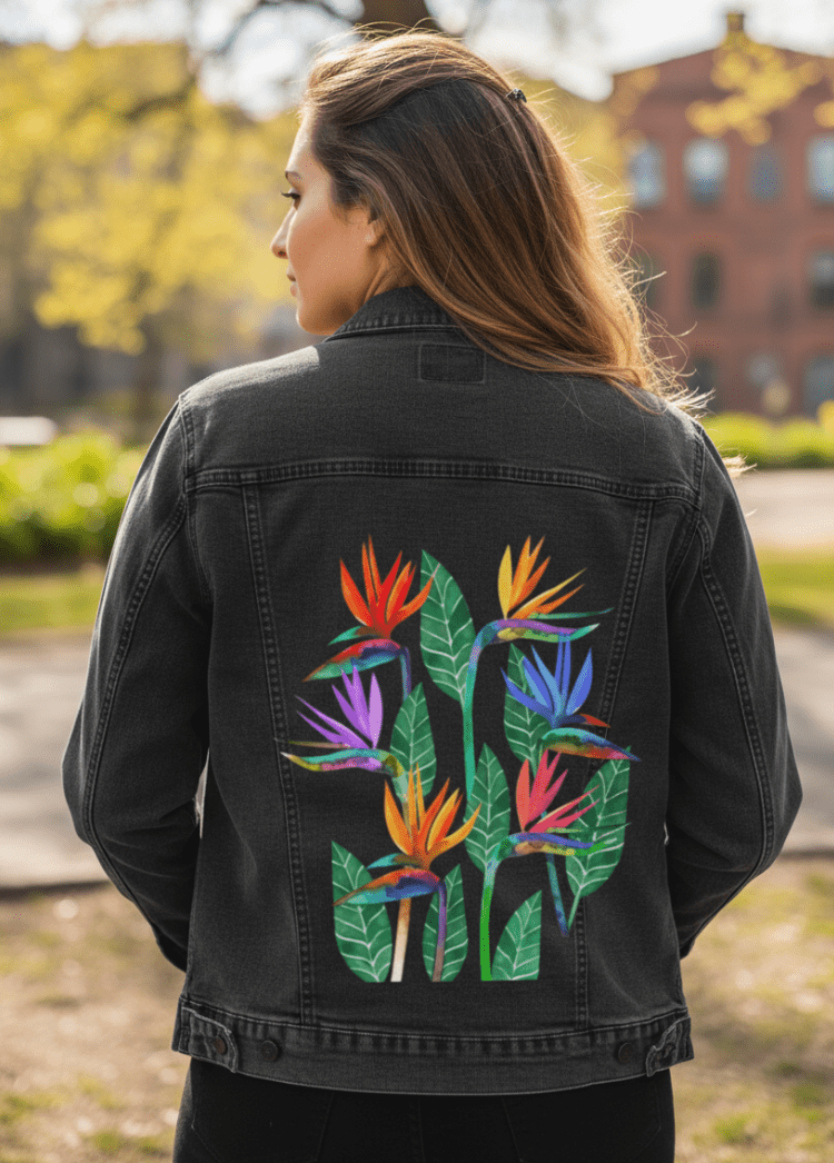 BIRD OF PARADISE1 by HEND SHEHATA, printed on denim jackets and other denim products: tote bags, throw pillows, table place mats, aprons