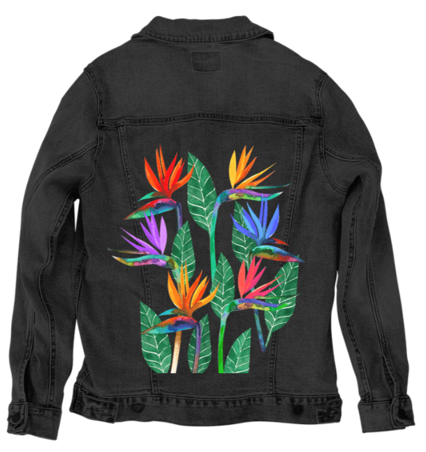 BIRD OF PARADISE1 by HEND SHEHATA, printed on denim jackets and other denim products: tote bags, throw pillows, table place mats, aprons
