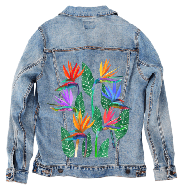 BIRD OF PARADISE1 by HEND SHEHATA, digitally printed on DENIM products: throw pillows, aprons, table place mats, and hand-made Unisex Denim Jackets in 3 color choices