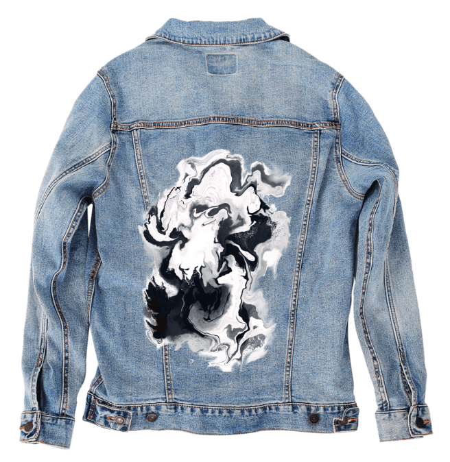 BLACK and WHITE WAVES by RaMir DESIGNS, printed on denim jackets and other denim products: tote bags, throw pillows, table place mats, aprons