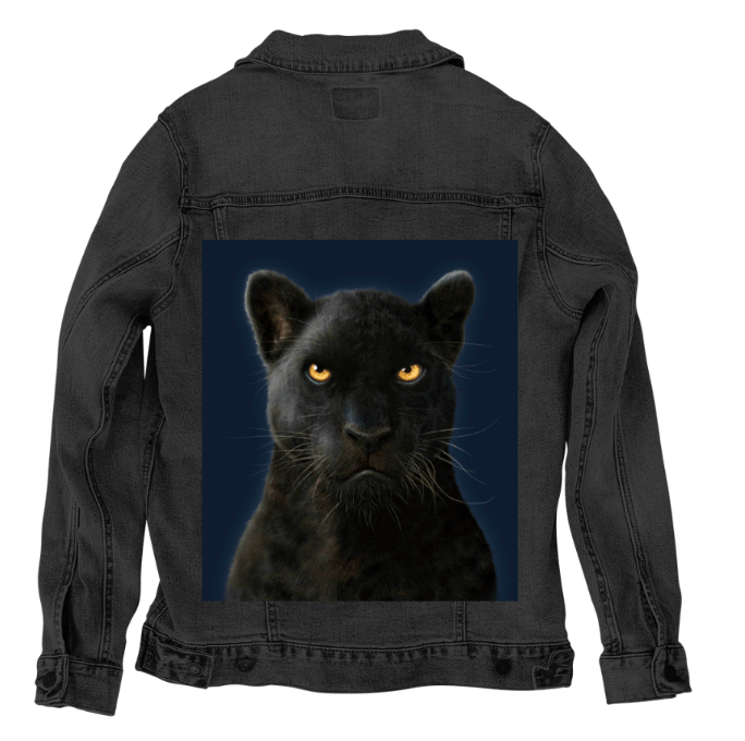 BLACK PANTHER by VINCENT HIE, printed on denim jackets and other denim products: tote bags, throw pillows, table place mats, aprons