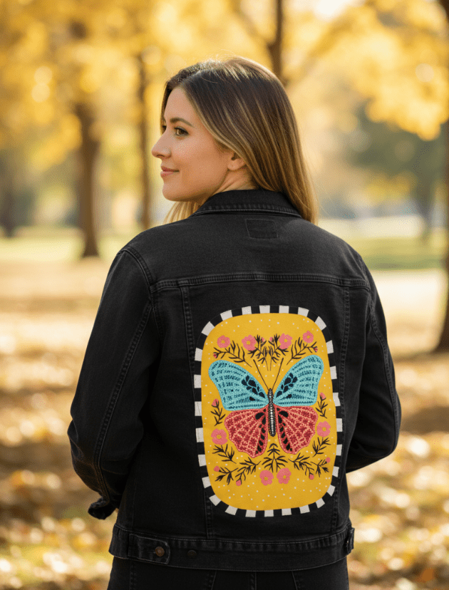 BLOOM and FLUTTER by IndySign, printed on denim jackets and other denim products: tote bags, throw pillows, table place mats, aprons