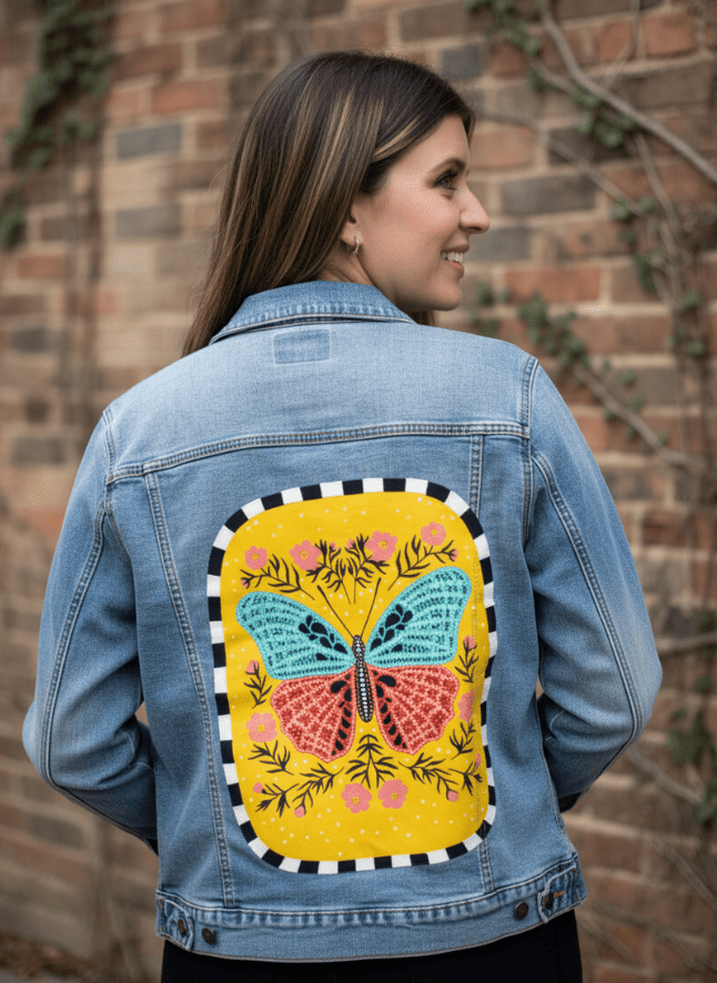 BLOOM and FLUTTER by IndySign, printed on denim jackets and other denim products: tote bags, throw pillows, table place mats, aprons
