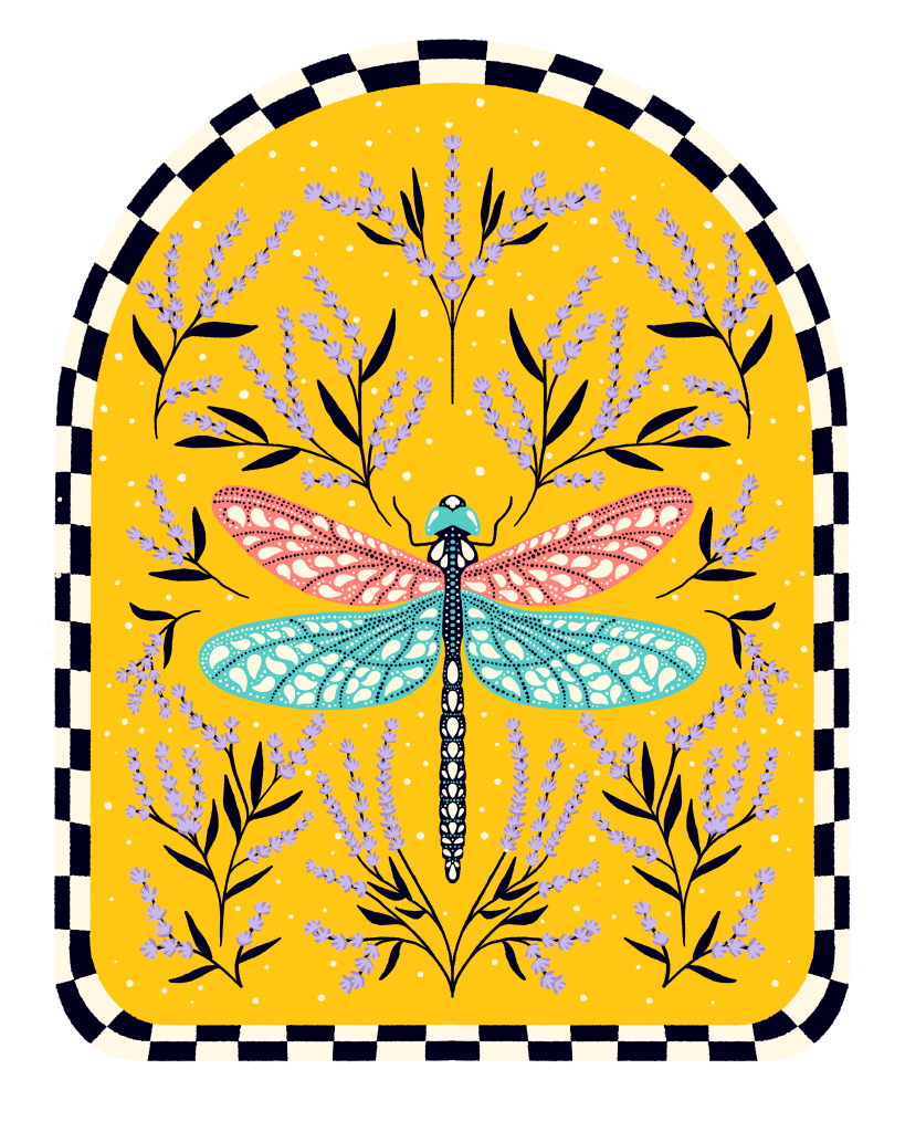 BLOOM AND FLUTTER DRAGONFLY by IndySign, printed on denim jackets and other denim products: tote bags, throw pillows, table place mats, aprons