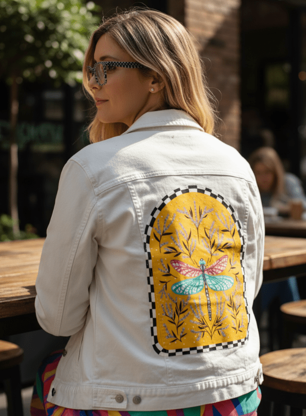 BLOOM AND FLUTTER DRAGONFLY by IndySign, printed on denim jackets and other denim products: tote bags, throw pillows, table place mats, aprons