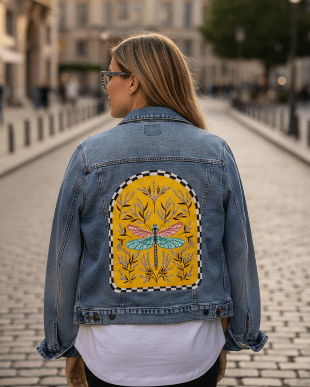 BLOOM AND FLUTTER DRAGONFLY by IndySign, printed on denim jackets and other denim products: tote bags, throw pillows, table place mats, aprons
