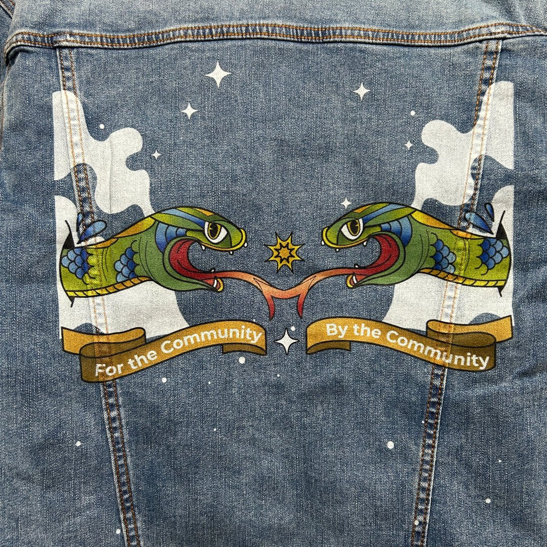 AS - IS. 2. Twin Snakes “For the Community”. ONE - OF - ONE. Printed Denim Jacket — Medium / Stonewashed custom denim jacket by DenimINK